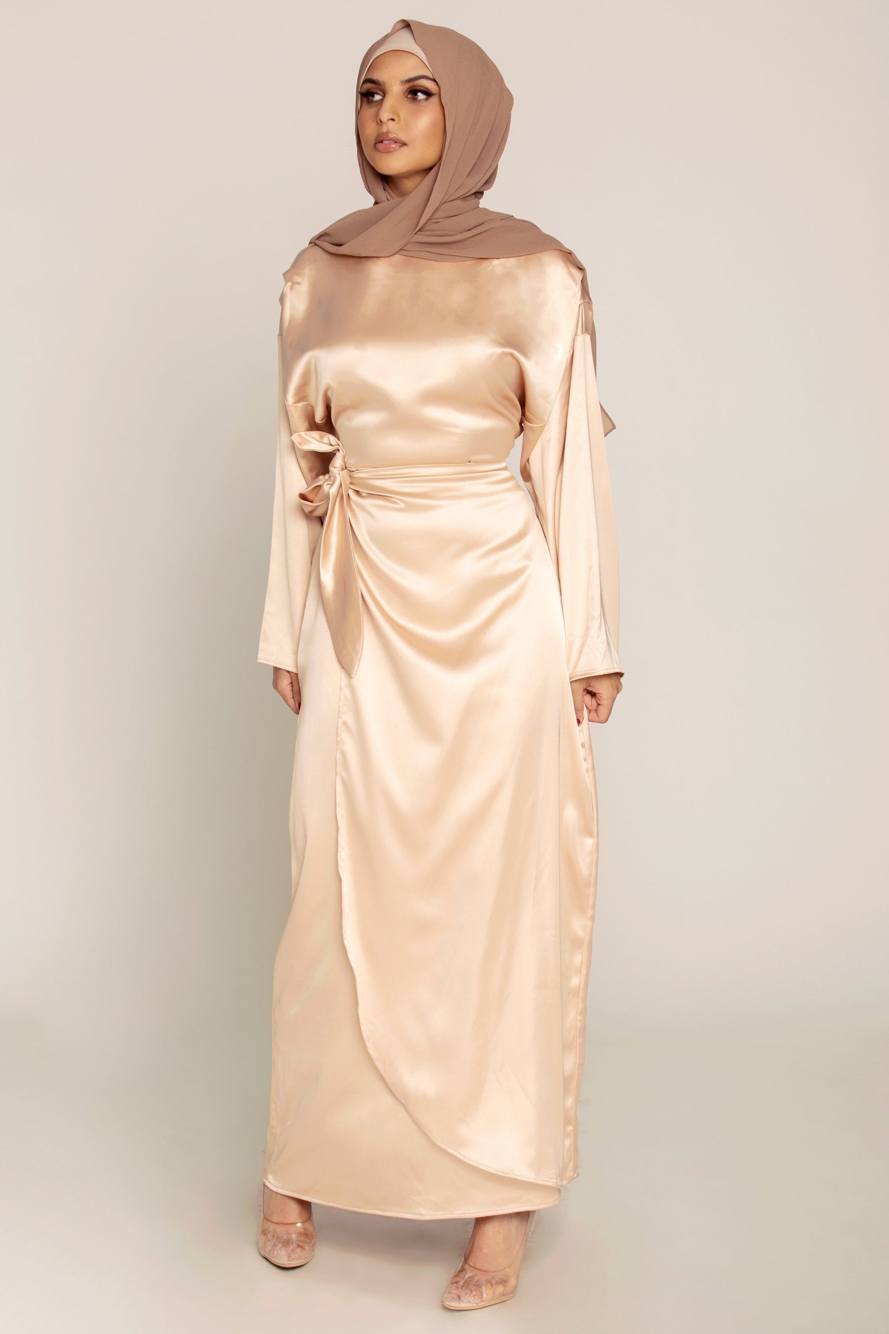 Sofia Light Gold Satin Wrap Gown